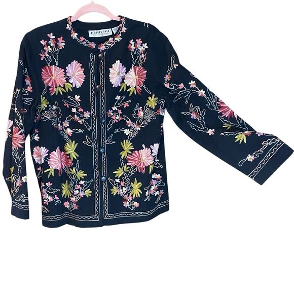 Bedford Fair Embroidered Floral Jacket Black Cotton Blend Boho India Medium - Picture 1 of 6